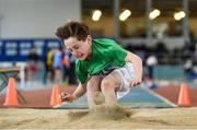 25 March 2018; Roan Heslin of Tuam A.C., Co Galway, competing in the Boys U13 Long Jump event during Day 3 of the Irish Life Health National Juvenile Indoor Championships at Athlone IT, in Athlone, Westmeath. Photo by Sam Barnes/Sportsfile
