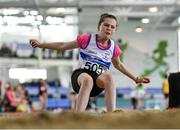 25 March 2018; Ellen Gavigan of Lambay Sports Academy, Co Dublin, competing in the Girls U13 Long Jump event during Day 3 of the Irish Life Health National Juvenile Indoor Championships at Athlone IT, in Athlone, Westmeath. Photo by Sam Barnes/Sportsfile