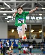 25 March 2018; Roan Heslin of Tuam A.C., Co Galway, competing in the Boys U13 Long Jump event during Day 3 of the Irish Life Health National Juvenile Indoor Championships at Athlone IT, in Athlone, Westmeath. Photo by Sam Barnes/Sportsfile