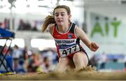25 March 2018; Ella Costello of Lifford Strabane AC, Co Donegal, competing in the Girls U13 Long Jump event during Day 3 of the Irish Life Health National Juvenile Indoor Championships at Athlone IT, in Athlone, Westmeath. Photo by Sam Barnes/Sportsfile