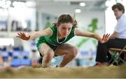 25 March 2018; Ella Carey of Cabinteely A.C., Co Dublin, competing in the Girls U13 Long Jump event during Day 3 of the Irish Life Health National Juvenile Indoor Championships at Athlone IT, in Athlone, Westmeath. Photo by Sam Barnes/Sportsfile