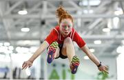 25 March 2018; Leagh Moloney of Dooneen A.C., Co Limerick, competing in the Girls U13 Long Jump event during Day 3 of the Irish Life Health National Juvenile Indoor Championships at Athlone IT, in Athlone, Westmeath. Photo by Sam Barnes/Sportsfile