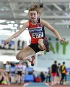 25 March 2018; Ella Costello of Lifford Strabane AC, Co Donegal, competing in the Girls U13 Long Jump event during Day 3 of the Irish Life Health National Juvenile Indoor Championships at Athlone IT, in Athlone, Westmeath. Photo by Sam Barnes/Sportsfile