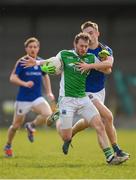 25 March 2018; Declan McCusker of Fermanagh in action against Dessie Reynolds of Longford during the Allianz Football League Division 3 Round 7 match between Longford and Fermanagh at Glennon Brothers Pearse Park in Longford. Photo by Eóin Noonan/Sportsfile