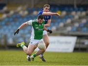25 March 2018; Ryan Jones of Fermanagh in action against Darren Gallagher of Longford during the Allianz Football League Division 3 Round 7 match between Longford and Fermanagh at Glennon Brothers Pearse Park in Longford. Photo by Eóin Noonan/Sportsfile