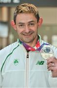 25 March 2018; Irish Masters team member Ian Egan from Tuam AC, Co. Galway who won a silver medal, competing in the Men's cross country team event, at the European Masters Indoor Track & Field Championships in Madrid, at Dublin Airport in Dublin. Photo by Cody Glenn/Sportsfile