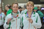25 March 2018; Irish Masters team member Maggie O'Connor and Bríd Lawlor both from  St Joseph's AC, Co. Kilkenny, with their silver medals which they won in the Women's over 45 walk team event, during European Masters Indoor Track & Field Championships in Madrid, at Dublin Airport in Dublin. Photo by Tomás Greally/Sportsfile