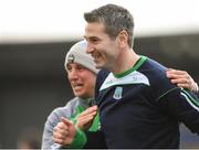 25 March 2018; Fermanagh manager Rory Gallagher is congratulated by members of his backroom staff after the Allianz Football League Division 3 Round 7 match between Longford and Fermanagh at Glennon Brothers Pearse Park in Longford. Photo by Eóin Noonan/Sportsfile