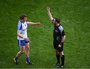 25 March 2018; Referee David Gough issues a Black Card to Dessie Mone of Monaghan during the Allianz Football League Division 1 Round 7 match between Dublin and Monaghan at Croke Park in Dublin. Photo by Ray McManus/Sportsfile