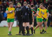 25 March 2018; Eamonn Doherty of Donegal, left, and Donegal manager Declan Bonner, centre, confront Referee Anthony Nolan after the Allianz Football League Division 1 Round 7 match between Donegal and Mayo at MacCumhaill Park in Ballybofey, Donegal. Photo by Oliver McVeigh/Sportsfile