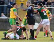 25 March 2018; Players from both sides tussle in the closing minutes of the Allianz Football League Division 1 Round 7 match between Donegal and Mayo at MacCumhaill Park in Ballybofey, Donegal. Photo by Oliver McVeigh/Sportsfile