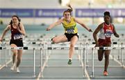 25 March 2018; Tara Meier of Boyne A.C., Co Louth, centre, competing in the Girls U17 60mH event, ahead of Aoibhe Deeley of Athenry A.C., Co Galway, left, and Chisom Ugwuera of Ennis Track A.C., Co Clare, during Day 3 of the Irish Life Health National Juvenile Indoor Championships at Athlone IT, in Athlone, Westmeath. Photo by Sam Barnes/Sportsfile