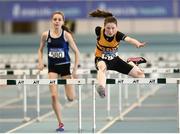 25 March 2018; Ella Scott of Leevale A.C., Co Cork, competing in the Girls U15 60mH event, ahead of Lorna O'Shea of Carrick-on-Suir A.C., Co Waterford, during Day 3 of the Irish Life Health National Juvenile Indoor Championships at Athlone IT, in Athlone, Westmeath. Photo by Sam Barnes/Sportsfile