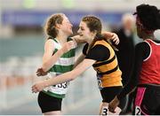 25 March 2018; Grace Rooney of Youghal A.C., Co Cork, left, and Jessica Lyne of Leevale A.C., Co Cork,embrace after competing in the Girls U14 60mH event during Day 3 of the Irish Life Health National Juvenile Indoor Championships at Athlone IT, in Athlone, Westmeath. Photo by Sam Barnes/Sportsfile