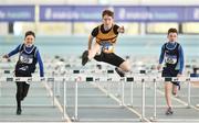 25 March 2018; John Cashman of Leevale A.C., Co Cork, competing in the Boys U13 60mH  event during Day 3 of the Irish Life Health National Juvenile Indoor Championships at Athlone IT, in Athlone, Westmeath. Photo by Sam Barnes/Sportsfile