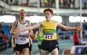 25 March 2018; Ruarcan O'Gibne of Boyne A.C., Co Louth, reacts after winning the Boys U19 800m event during Day 3 of the Irish Life Health National Juvenile Indoor Championships at Athlone IT, in Athlone, Westmeath. Photo by Sam Barnes/Sportsfile