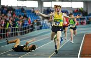 25 March 2018; Ruarcan O'Gibne of Boyne A.C., Co Louth, reacts after winning the Boys U19 800m event after Craig Giles of Clonliffe Harriers A.C., Co Dublin, fell in the home straight during Day 3 of the Irish Life Health National Juvenile Indoor Championships at Athlone IT, in Athlone, Westmeath. Photo by Sam Barnes/Sportsfile