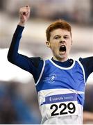 25 March 2018; Aaron Shorten of St. L. O'Toole A.C., Co Carlow, celebrates after winning the Boys U16 800m event during Day 3 of the Irish Life Health National Juvenile Indoor Championships at Athlone IT, in Athlone, Westmeath. Photo by Sam Barnes/Sportsfile