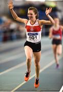 25 March 2018; Emma Moore of Galway City Harriers A.C., Co Galway, celebrates after winning the Girls U15 800m event during Day 3 of the Irish Life Health National Juvenile Indoor Championships at Athlone IT, in Athlone, Westmeath. Photo by Sam Barnes/Sportsfile