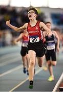 25 March 2018; Finn O'Neill of City of Derry AC Spartans, Co Derry, celebrates winning the Boys U14 800m event during Day 3 of the Irish Life Health National Juvenile Indoor Championships at Athlone IT, in Athlone, Westmeath. Photo by Sam Barnes/Sportsfile