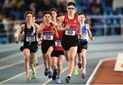 25 March 2018; Finn O'Neill of City of Derry AC Spartans, Co Derry, on his way to winning the Boys U14 800m event during Day 3 of the Irish Life Health National Juvenile Indoor Championships at Athlone IT, in Athlone, Westmeath. Photo by Sam Barnes/Sportsfile
