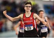 25 March 2018; Finn O'Neill of City of Derry AC Spartans, Co Derry, celebrates winning the Boys U14 800m event during Day 3 of the Irish Life Health National Juvenile Indoor Championships at Athlone IT, in Athlone, Westmeath. Photo by Sam Barnes/Sportsfile