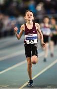 25 March 2018; Philip McCartan of Mullingar Harriers A.C., Co Westmeath, crosses the line to win the Boys U13 600m event during Day 3 of the Irish Life Health National Juvenile Indoor Championships at Athlone IT, in Athlone, Westmeath. Photo by Sam Barnes/Sportsfile