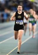 25 March 2018; Erínn Leavy of Dunleer A.C. , Co Louth, celebrates winning the Girls U13 600m event during Day 3 of the Irish Life Health National Juvenile Indoor Championships at Athlone IT, in Athlone, Westmeath. Photo by Sam Barnes/Sportsfile