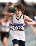 25 March 2018; Odhran O'Sullivan of Midleton A.C., Co Cork, celebrates after winning the Boys U12 600m event during Day 3 of the Irish Life Health National Juvenile Indoor Championships at Athlone IT, in Athlone, Westmeath. Photo by Sam Barnes/Sportsfile