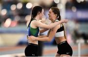 25 March 2018; Alison Burke of Celtic DCH A.C., Co Dublin, left, is embraced by Lara O'Byrne of Donore Harriers, Co Dublin after competing in the Girls U19 60mH event during Day 3 of the Irish Life Health National Juvenile Indoor Championships at Athlone IT, in Athlone, Westmeath. Photo by Sam Barnes/Sportsfile