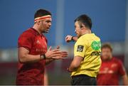 24 March 2018; Billy Holland of Munster in conversation with referee Marius Mitrea during the Guinness PRO14 Round 18 match between Munster and Scarlets at Thomond Park in Limerick. Photo by Diarmuid Greene/Sportsfile