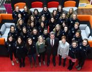 26 March 2018; The Women’s Gaelic Players Association (WGPA) presented its 2018 third-level scholarships on Friday 2nd March at PWC headquarters in Dublin. A total of 37 scholarships have been awarded to third-level students across multiple colleges who play intercounty Camogie and Ladies Football. The scholarship scheme recognises the efforts of WGPA members in pursuing a dual career, enabling them to focus their attention on taking opportunities for ongoing personal and professional development whilst striving for excellence as athletes. Pictured is Feargal O'Rourke, CEO of PwC Ireland, centre, alongside Gemma Begley of WGPA, left, and Aoife Lane, CEO of WGPA with the scholars at PWC HQ, Spencer Dock in Dublin. Photo by David Fitzgerald/Sportsfile