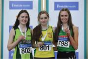 25 March 2018; Girls U19 800m medallists, from left, Sarah Clarke of Na Fianna, Co Meath, bronze, Shona O'Brien of Gneeveguilla A.C., Co Kerry, gold, and Kate Nurse of Suncroft A.C., Co Kildare, silver, during Day 3 of the Irish Life Health National Juvenile Indoor Championships at Athlone IT, in Athlone, Westmeath. Photo by Sam Barnes/Sportsfile