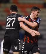 26 March 2018; Rob Manley, left, of Bohemians is congratulated by team-mate Daniel Grant after scoring his side's third goal during the EA SPORTS Cup First Round match between Bohemians and Cabinteely at Dalymount Park in Dublin. Photo by David Fitzgerald/Sportsfile