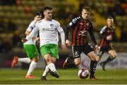 26 March 2018; Anthony Dolan of Cabinteely in action against JJ Lunney of Bohemians during the EA SPORTS Cup First Round match between Bohemians and Cabinteely at Dalymount Park in Dublin. Photo by David Fitzgerald/Sportsfile
