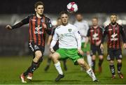 26 March 2018; Anthony Dolan of Cabinteely in action against Dylan Watts of Bohemians during the EA SPORTS Cup First Round match between Bohemians and Cabinteely at Dalymount Park in Dublin. Photo by David Fitzgerald/Sportsfile