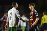 26 March 2018; Paddy Kirk, right, of Bohemians and Karl Byrne of Cabinteely shake hands following the EA SPORTS Cup First Round match between Bohemians and Cabinteely at Dalymount Park in Dublin. Photo by David Fitzgerald/Sportsfile