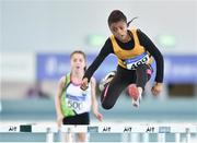 25 March 2018; Okwu Backari of Leevale A.C., Co Cork, competing in the Girls U13 60mH event during Day 3 of the Irish Life Health National Juvenile Indoor Championships at Athlone IT, in Athlone, Westmeath. Photo by Sam Barnes/Sportsfile