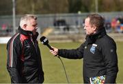25 March 2018; Mayo Manager Stephen Rochford being interviewed by Marcus O'Buachalla TG4 commentator before the Allianz Football League Division 1 Round 7 match between Donegal and Mayo at MacCumhaill Park in Ballybofey, Donegal. Photo by Oliver McVeigh/Sportsfile