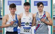 25 March 2018; Boys U18 200m medallists, from left, Aaron Keane of Tullamore Harriers A.C., Co Offaly, bronze, John Grant of Celbridge A.C., Co Kildare, gold, and Ciaran Carthy of Dundrum South Dublin A.C., Co Dublin, silver, during Day 3 of the Irish Life Health National Juvenile Indoor Championships at Athlone IT, in Athlone, Westmeath. Photo by Sam Barnes/Sportsfile