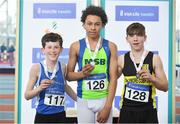 25 March 2018; Boys U14 Long Jump medallists, from left, Stephen Mannion of South Galway A.C., Co Galway, bronze, Oisin Okiemute Tebite of Metro St. Brigid's A.C., Co Dublin, gold, Timmy Wilk of Ballymore Cobh A.C., Co Cork, silver, during Day 3 of the Irish Life Health National Juvenile Indoor Championships at Athlone IT, in Athlone, Westmeath. Photo by Sam Barnes/Sportsfile