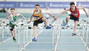 25 March 2018; Colin Murphy of Leevale A.C., Co Cork, centre, and Ben Campbell of Tir Chonaill A.C., Co Donegal, right, competing in the Boys U15 60mH event during Day 3 of the Irish Life Health National Juvenile Indoor Championships at Athlone IT, in Athlone, Westmeath. Photo by Sam Barnes/Sportsfile