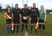 24 March 2018; Kilkenny United captain Niamh Kelly, left, and Peamount United captain Amber Barrett with match officals, from left, David Gallagher, Paul Larkin and Brendan Twamley ahead of their Continental Tyres Women’s National League match between Peamount United and Kilkenny United at Greenogue in Newcastle, Dublin. Photo by Barry Cregg/Sportsfile