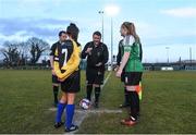 24 March 2018; Kilkenny United captain Niamh Kelly, left, and Peamount United captain Amber Barrett look on as referee Paul Larkin tosses a coin ahead of their Continental Tyres Women’s National League match between Peamount United and Kilkenny United at Greenogue in Newcastle, Dublin. Photo by Barry Cregg/Sportsfile