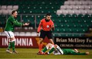 27 March 2018; Referee Filip Glova instructs Ryan Manning of Republic of Ireland to get back on his feet as team-mate Ronan Curtis appeals during the UEFA U21 Championship Qualifier match between the Republic of Ireland and Azerbaijan at Tallaght Stadium in Dublin. Photo by Stephen McCarthy/Sportsfile