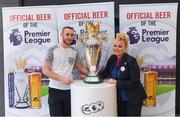 27 March 2018; David Twamley and Joey Mullally with the Premier League trophy during the Carling Ireland Premier League Retail Trophy Tour in Tesco Bloomfield Shopping Centre, Dun Laoghaire, Co Dublin. Photo by Eóin Noonan/Sportsfile