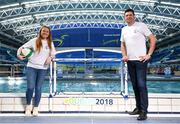 28 March 2018; Niall Quinn and Amber Barrett were announced today as Ambassadors for 2018 Para Swimming Allianz European Championships. Niall and Amber will now join Gordon D’Arcy and Jessie Barr along with 4, yet to be announced, ambassadors who will all take part in a 50m Ambassador challenge that will take place as part of the championships on Friday, August 17th. Pictured at the announcement are Amber Barrett, left, and Niall Quinn, at the National Aquatic Centre, in Blanchardstown, Dublin. Photo by Sam Barnes/Sportsfile