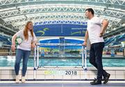 28 March 2018; Niall Quinn and Amber Barrett were announced today as Ambassadors for 2018 Para Swimming Allianz European Championships. Niall and Amber will now join Gordon D’Arcy and Jessie Barr along with 4, yet to be announced, ambassadors who will all take part in a 50m Ambassador challenge that will take place as part of the championships on Friday, August 17th. Pictured at the announcement are Amber Barrett, left, and Niall Quinn, at the National Aquatic Centre, in Blanchardstown, Dublin. Photo by Sam Barnes/Sportsfile