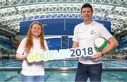28 March 2018; Niall Quinn and Amber Barrett were announced today as Ambassadors for 2018 Para Swimming Allianz European Championships. Niall and Amber will now join Gordon D’Arcy and Jessie Barr along with 4, yet to be announced, ambassadors who will all take part in a 50m Ambassador challenge that will take place as part of the championships on Friday, August 17th. Pictured at the announcement are Amber Barrett, left, and Niall Quinn, at the National Aquatic Centre, in Blanchardstown, Dublin. Photo by Sam Barnes/Sportsfile