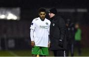 26 March 2018; Cabinteely coach Eddie Gormley speaks with Kaleem Simon during the EA SPORTS Cup First Round match between Bohemians and Cabinteely at Dalymount Park in Dublin.  Photo by David Fitzgerald/Sportsfile